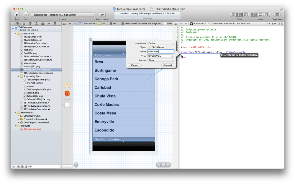 Connecting the table view outlet to the code