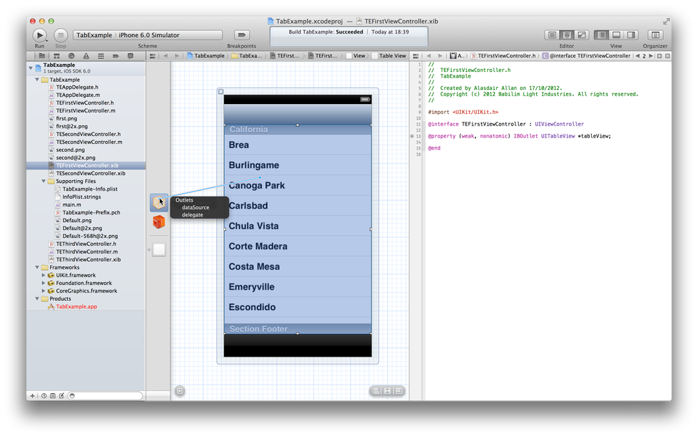 Connecting the table view’s delegate and data source to File’s Owner