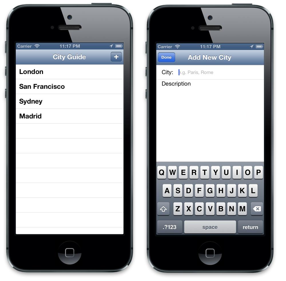 The new City Guide application with the Add button on the right of the navigation bar (left) and the modified Add City view (right)