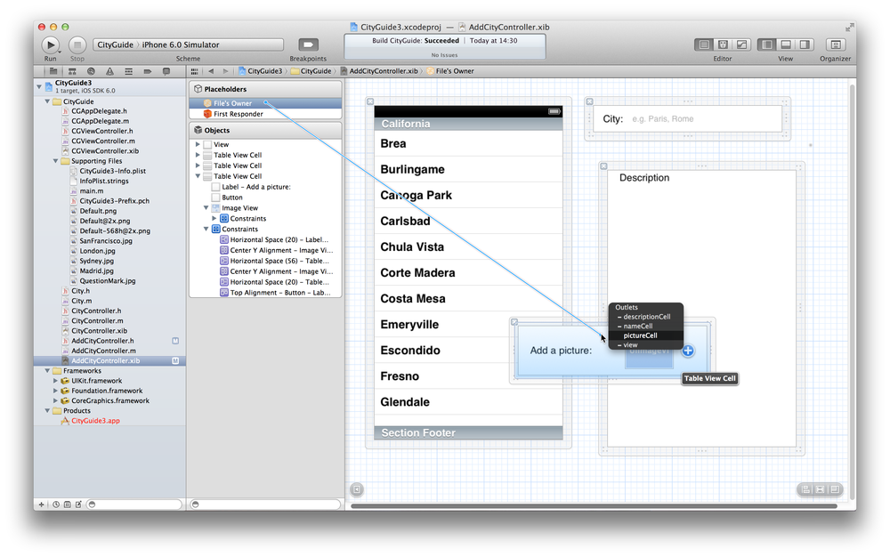 Connecting the pictureCell outlet to the UITableViewCell