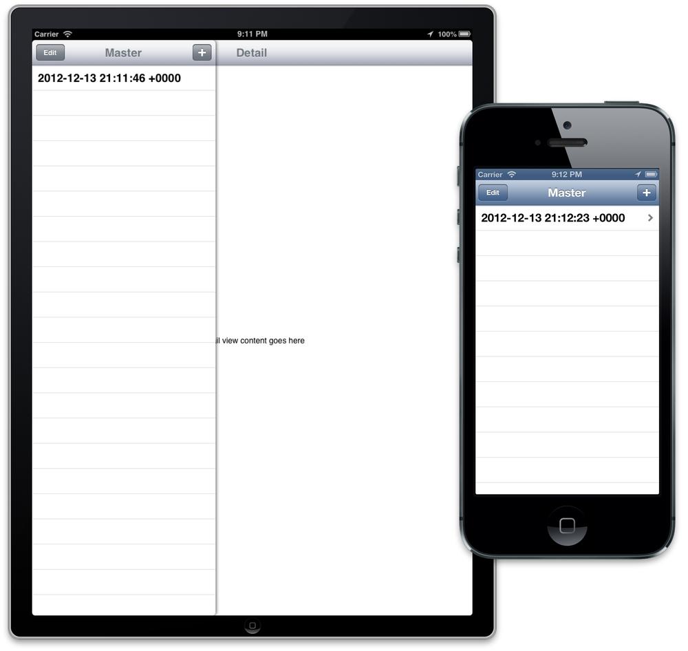 The Master-Detail Application in the iPad (left) using a UISplitViewController and the iPhone (right) using a standard UINavigationController