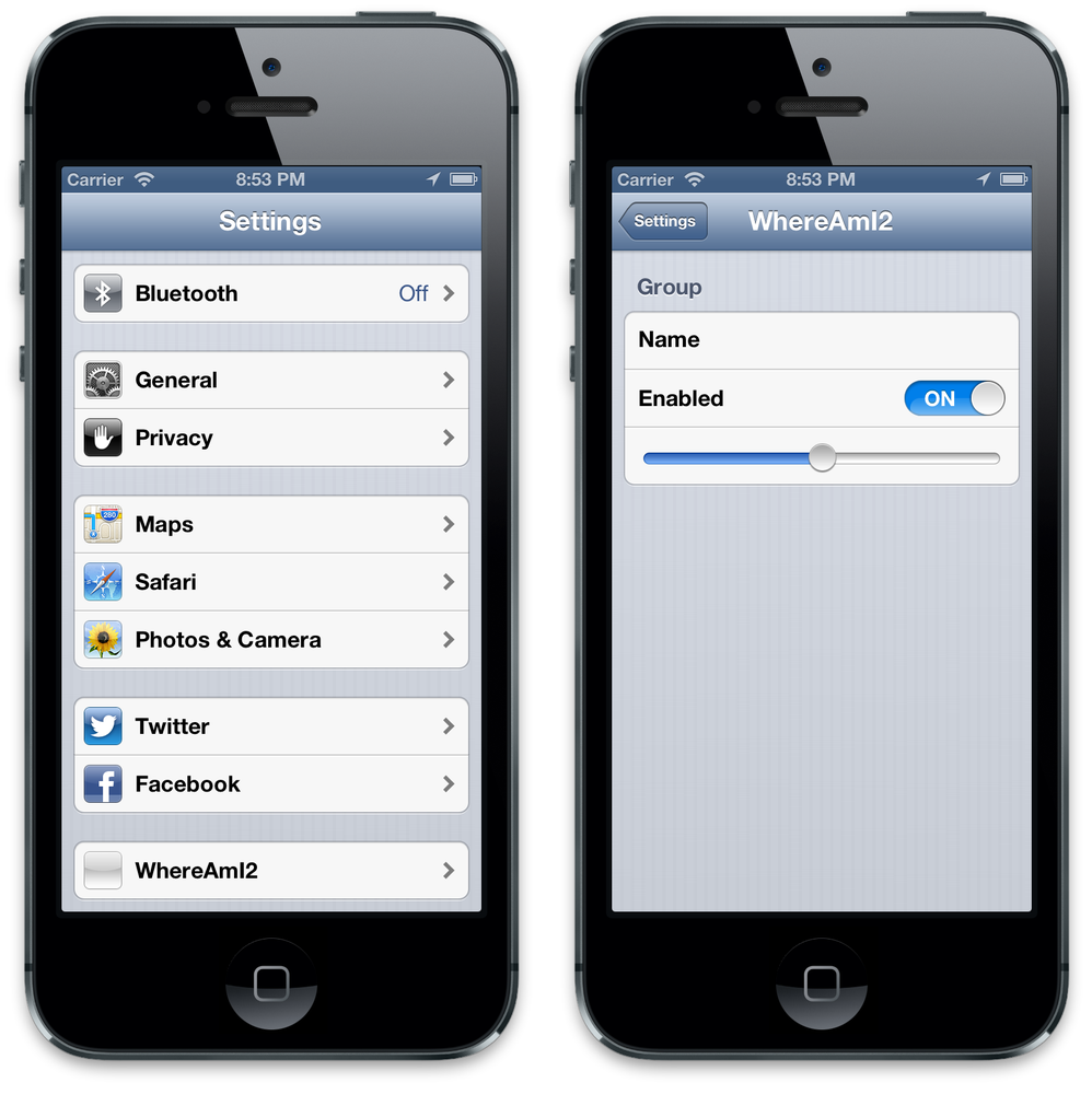 The simulator Settings application (left) with the default Settings Bundle we added to the Where Am I? application (right)