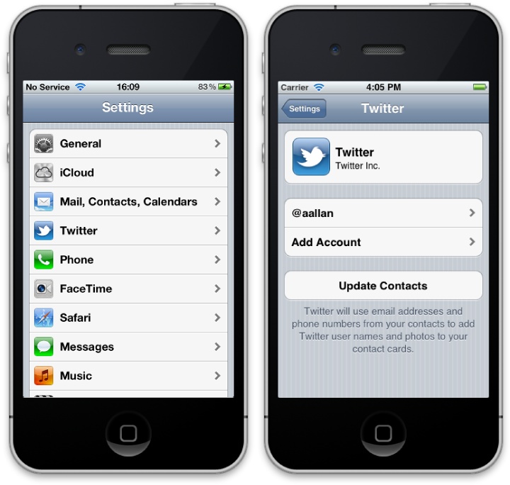 The Twitter panel of the iOS Settings application