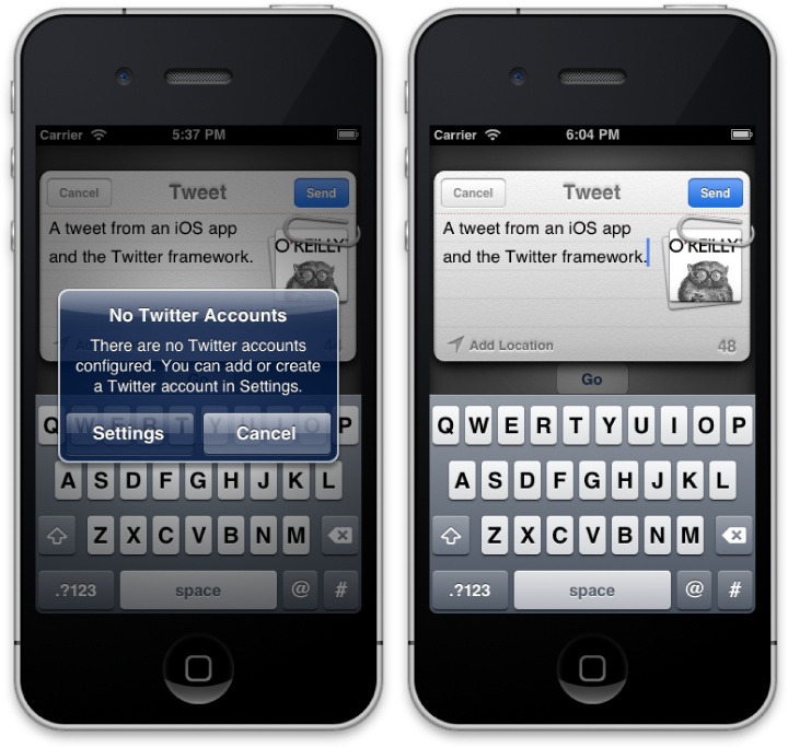 The warning message generated when there are no configured accounts (left) and the standard tweet composition view (right)