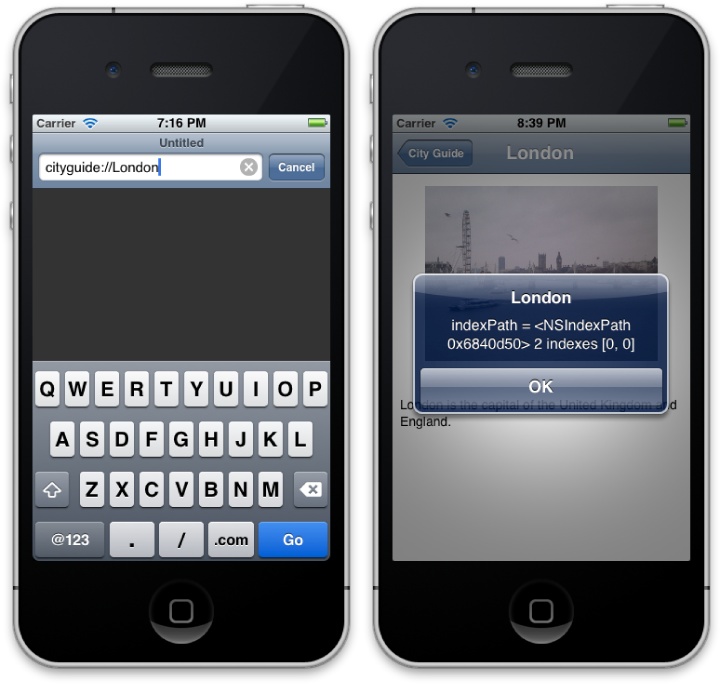 Opening the City Guide application from Safari (left) and the City Guide after it opens with the debug UIAlertView visible (right)