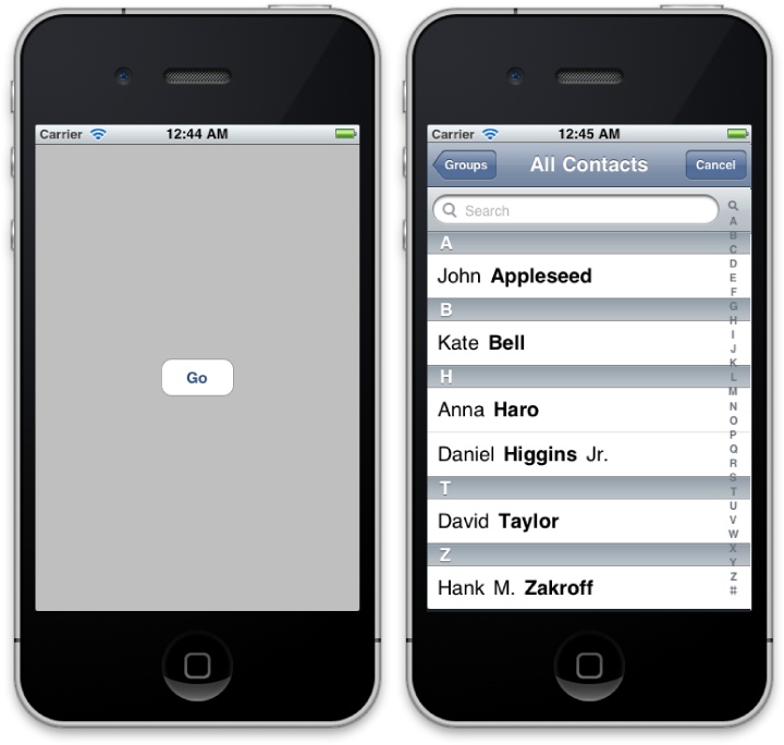 The initial main view (left) and the ABPeoplePickerNavigationController (right)