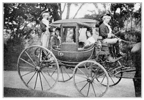 A Carriage in which Lafayette Rode. This interesting relic is now in Cooperstown, New York. The picture shows it being used in a present-day pageant, filled with boys and girls in colonial costumes. (See page 187.)