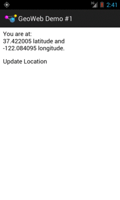 The GeoWebOne sample application, after clicking the Update Location link