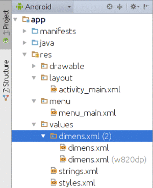 Android Project View, Showing Dimension Resources