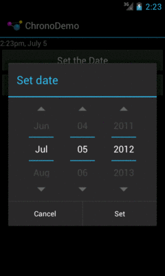 ChronoDemo, Showing DatePickerDialog