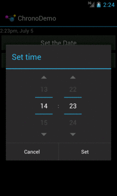 ChronoDemo, Showing TimePickerDialog