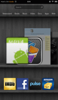 The original Kindle Fire home screen, with a not-so-high-resolution version of the stock Android launcher icon