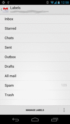 Gmail, On a Galaxy Nexus, Showing Labels