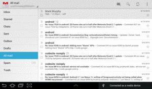 Gmail, On a Galaxy Tab 2, Showing Labels and Conversations