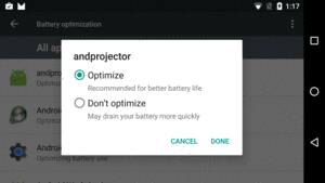 Android 6.0, Settings App, Battery Optimization Options Dialog