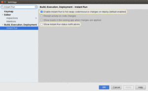 Android Studio Settings, Showing Instant Run Items