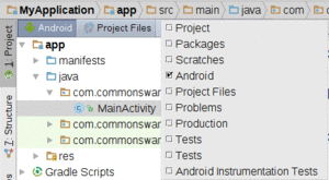 Android Studio Project Explorer, Showing Project View Drop-Down