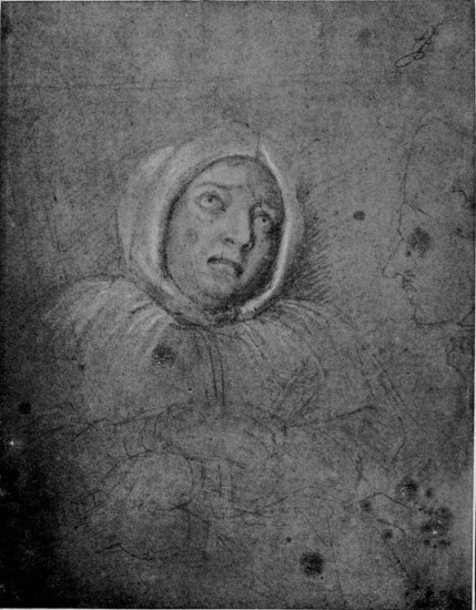 MADAME DE BRINVILLIERS ON THE WAY TO EXECUTION. HER DRESS IS COVERED BY THE SHIRT WORN BY CONDEMNED CRIMINALS. ON THE RIGHT IS THE PROFILE OF HER CONFESSOR, THE ABBÉ PIROT (From a Sketch by Charles Le Brun, preserved in the Louvre)