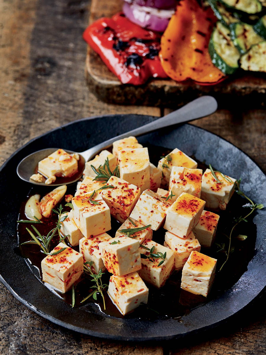 A plate of herbed feta cubes.