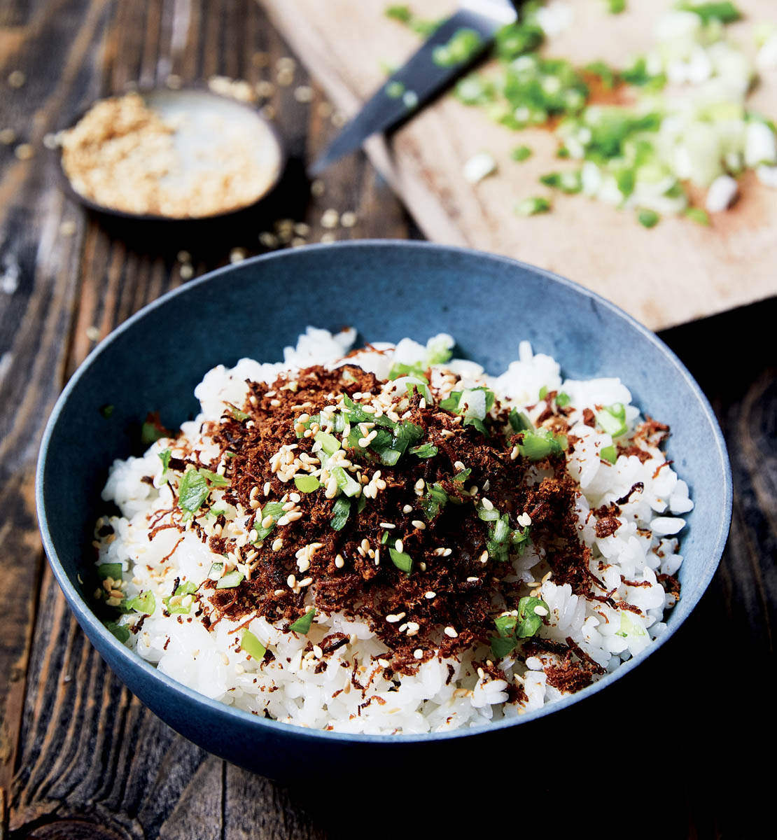 A bowl of white rice with rousong toppings.