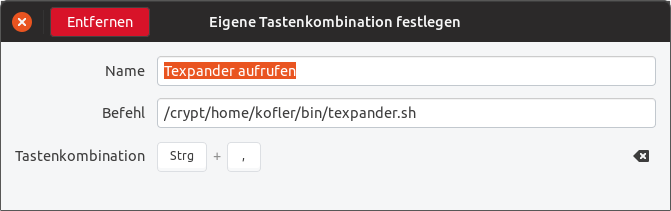 Tastenkürzel für den Texpander   unter Gnome einrichten