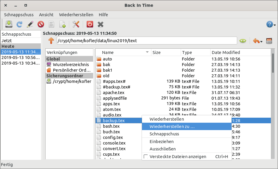 Back-in-Time-Browser zum   Wiederherstellen von Dateien