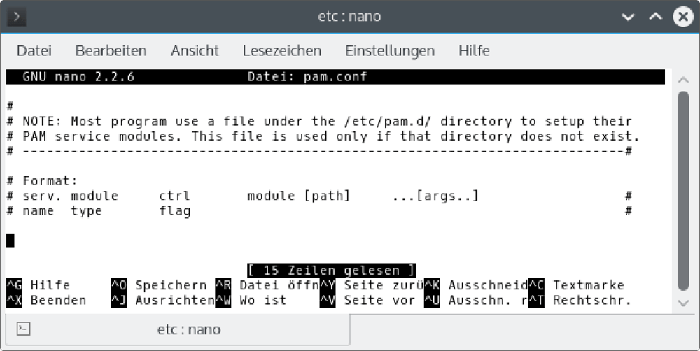 Der Editor nano in einem   KDE-Terminalfenster