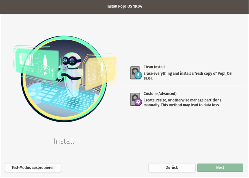 Pop!_OS stellt nur wenige   Installationsoptionen zur Auswahl.