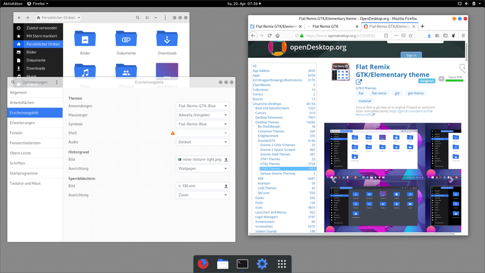 Individueller Gnome-Desktop mit dem Shell Theme   »Flat-Remix-GTK-Blue«, dem Icon-Set »Flat-Remix« und der Erweiterung »Dash     to Dock«