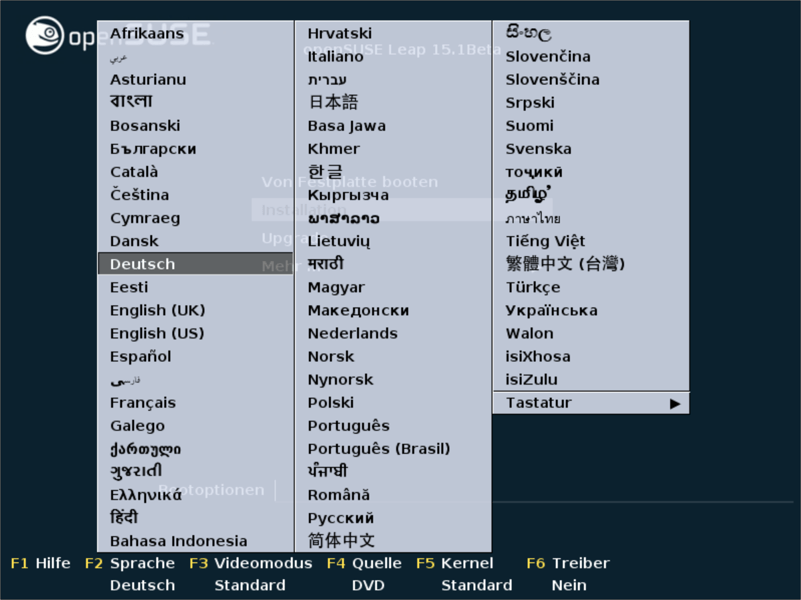 Sprachauswahl am Beginn einer   SUSE-Installation
