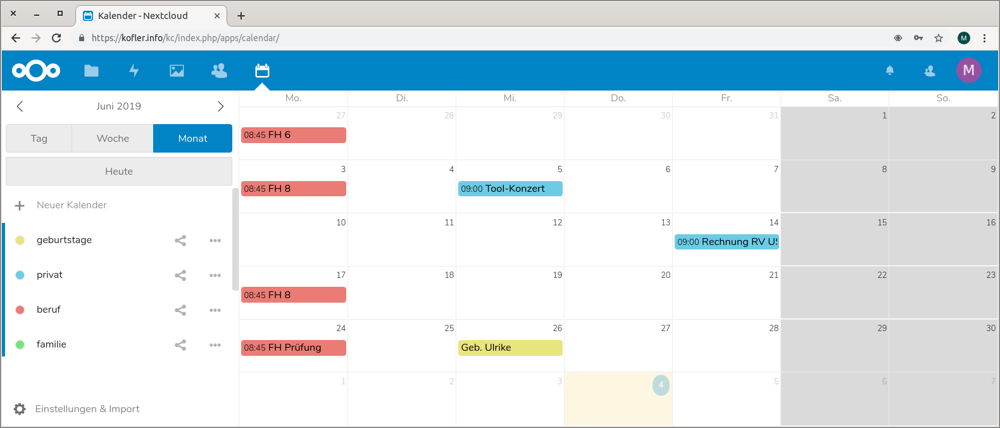 Terminverwaltung in der   Nextcloud-Weboberfläche