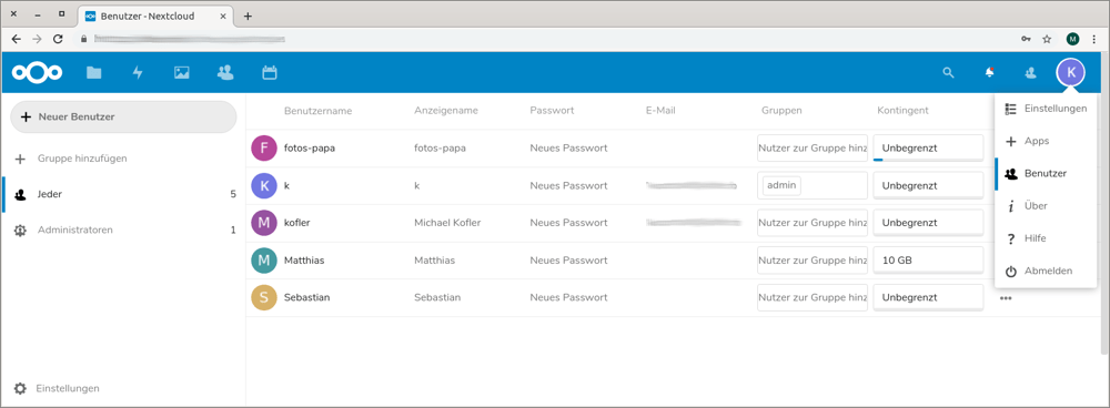 Nextcloud-Benutzerverwaltung in   der Weboberfläche