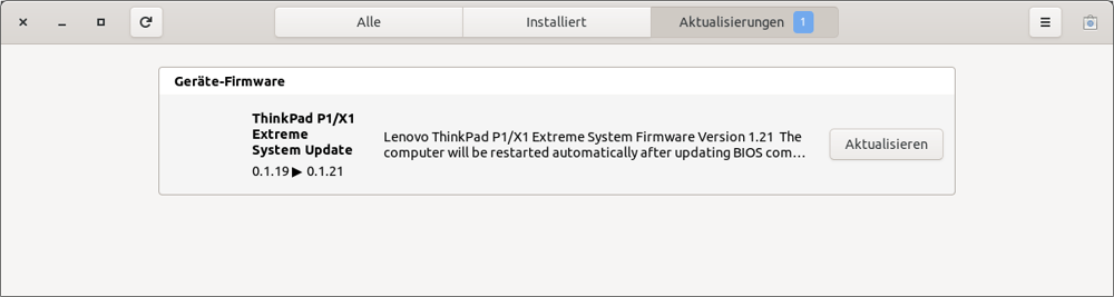 Der   Gnome-Softwaremanager weist auf ein EFI-Update für ein Lenovo-Notebook   hin.