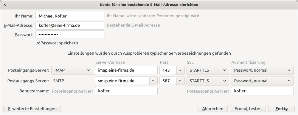 Beispielhafte Konfiguration eines     Mail-Kontos in Thunderbird