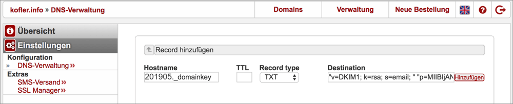 Definition eines neuen TXT-Eintrags in der   Weboberfläche eines Hosting-Unternehmens