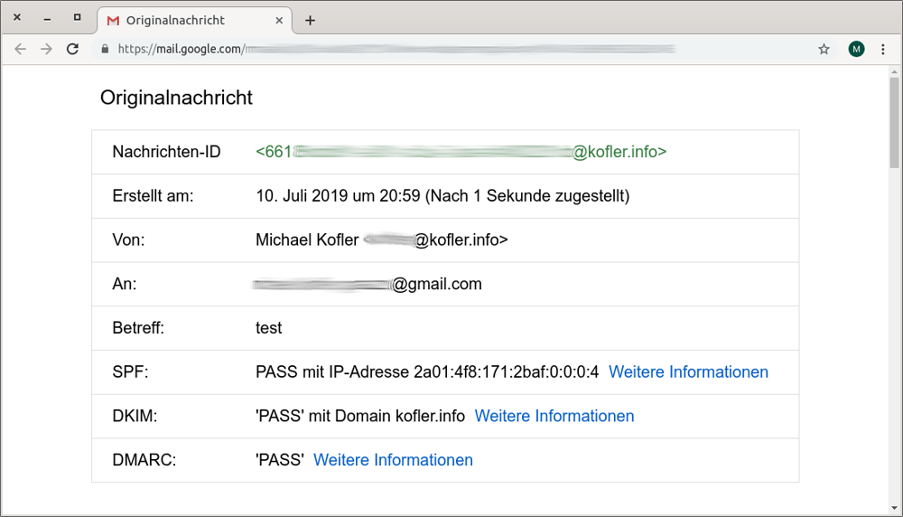 Google Mail eignet sich gut zur   Kontrolle der DKIM-Konfiguration.