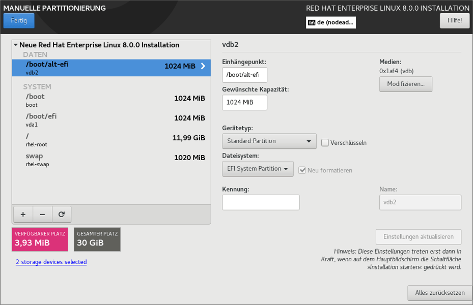 LVM- und RAID-Partitionierung für     einen Server mit EFI