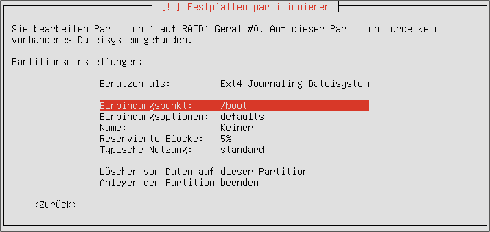 Die Einstellungen für die neue     Partition