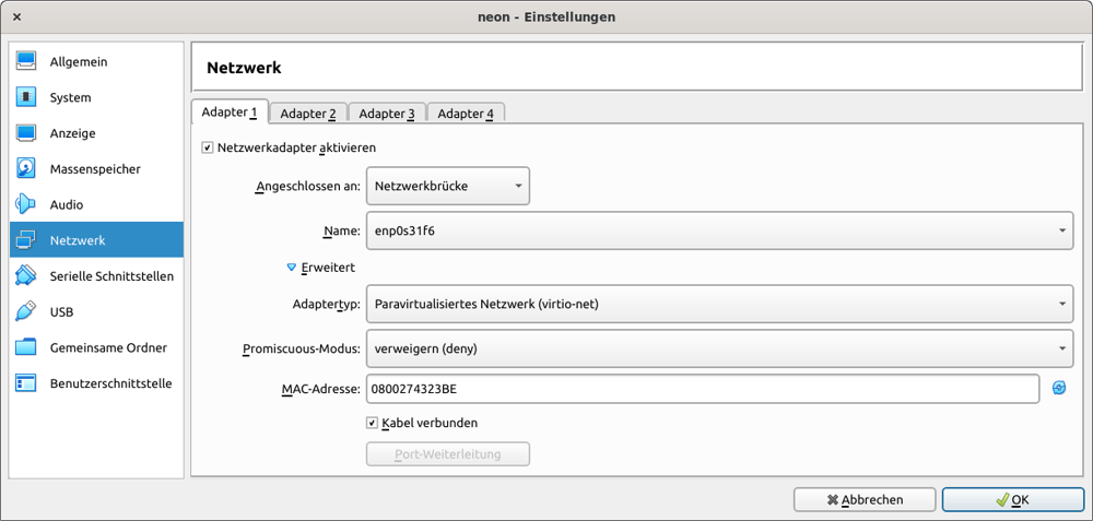 Netzwerkeinstellungen für die virtuelle   Maschine