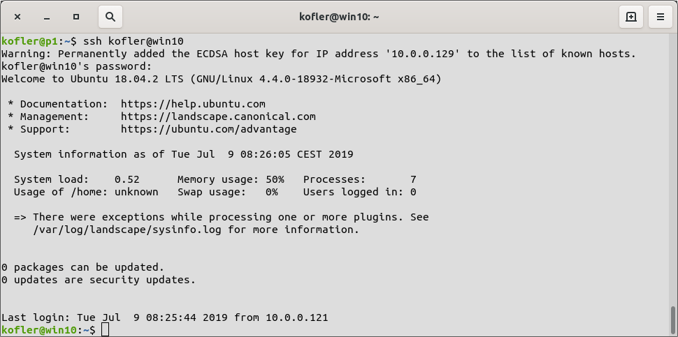 SSH-Login an einem Windows-Rechner mit Ubuntu   unter WSL1