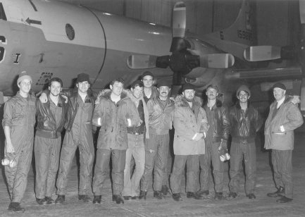 Crew 6 in front of PD-6 in September 1978 at Moffett Field. Left to right: PO 3d Class Howie Moore, PO 3d Class Gene Cummings, PO 3d Class Jim Smith, Lt. (jg) Bruce Forshay, PO 3d Class Greg Bush, PO 2d Class Ed Flow, Lt. (jg) Matt Gibbons, Lt. (jg) Steve Anderson, Ens. John Wagner, Airman Randy Rodriguez, and Lt. Cdr. Jerry Grigsby. The crew had just won the wing’s monthly award for intelligence photography. MATT GIBBONS