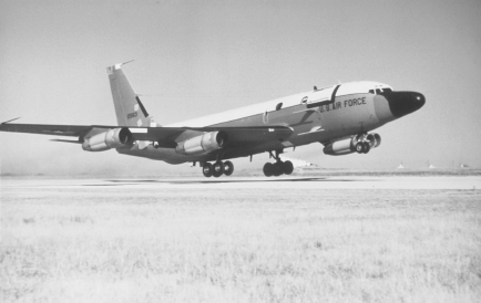 The “Ball” landing at Majors Field, Greenville, Texas, on a clear day in 1977 or 1978. The same Air Force RC-135C, flying out of Shemya, was the first aircraft to spot the Navy rafts and circled both at very low altitude to mark their position. The two optical windows behind the rectangular sensor bay forward of the wing mark the positions of two camera systems. A third optical window is not visible behind the right wing. These and the cockpit windows gave the crew their only view of the water.