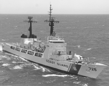 The USCGC Jarvis in good weather. The Hawaii-based Coast Guard cutter was deployed on the Alaska patrol when Navy Alfa Foxtrot 586 ditched off Shemya. Hundreds of miles from the splash point and on the opposite side of a powerful weather system, Jarvis was unable to get to the search and rescue site until days after the survivors had been picked up. U.S. COAST GUARD