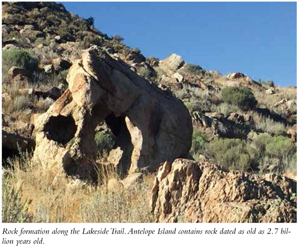 Rock formation along the Lakeside Trail. Antelope Island contains rock dated as old as 2.7 billion years old.