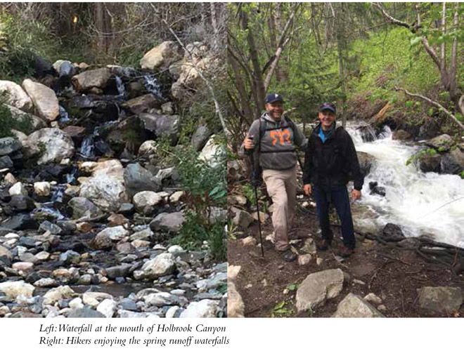 Left: Waterfall at the mouth of Holbrook Canyon Right: Hikers enjoying the spring runoff waterfalls