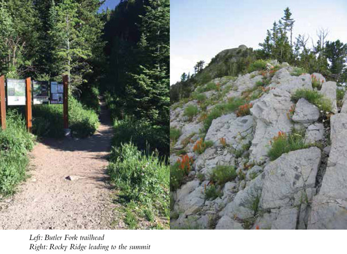 Left: Butler Fork trailhead Right: Rocky Ridge leading to the summit