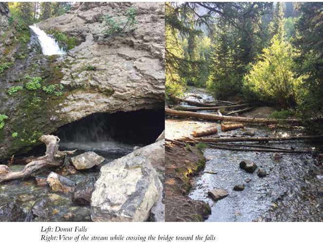 Left: Donut Falls Right: View of the stream while crossing the bridge toward the falls