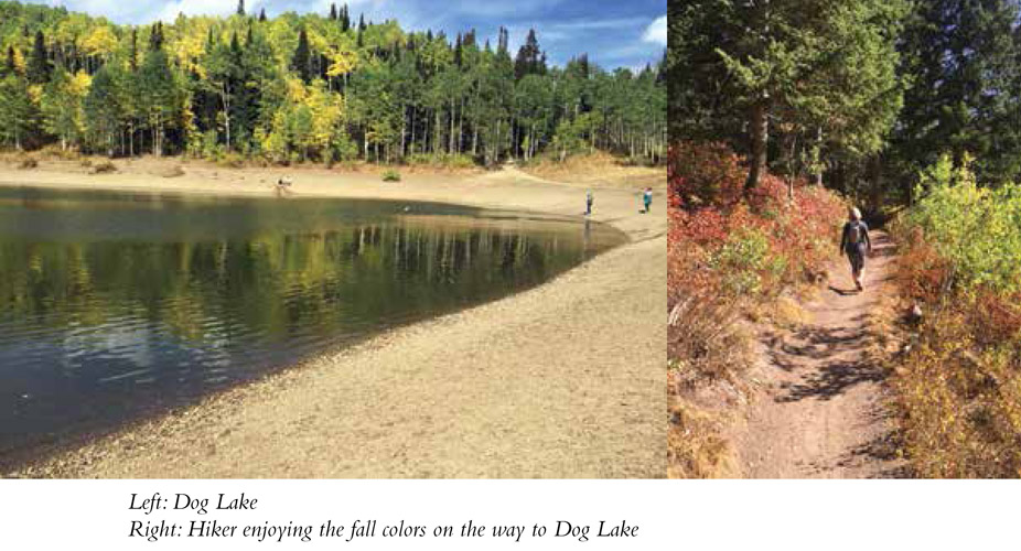 Right: Hiker enjoying the fall colors on the way to Dog Lake