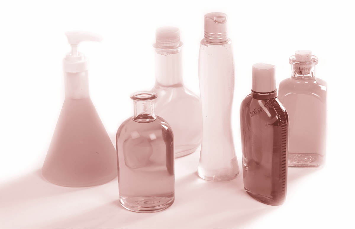 Plastic and glass jars and bottles for soaps and washes.