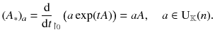 $$ (A_*)_a = \frac{\mathrm {d}}{\mathrm {d}t}_{\upharpoonright _{0}}\left( a \exp (t A)\right) = a A , \quad a \in \mathrm{U}_{\mathbb {K}}(n) . $$